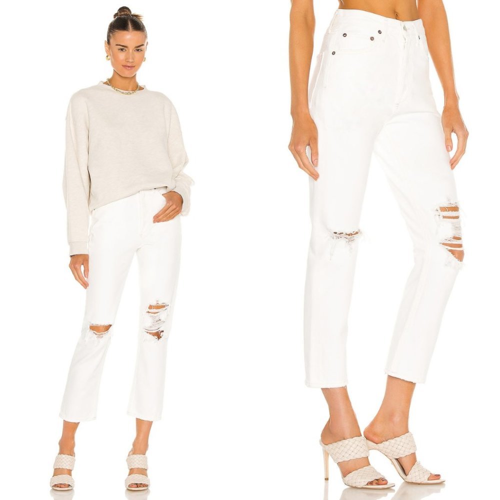 [BNWT] Agolde Riley High Rise Straight Leg Cropped Distressed in White - Sz 24